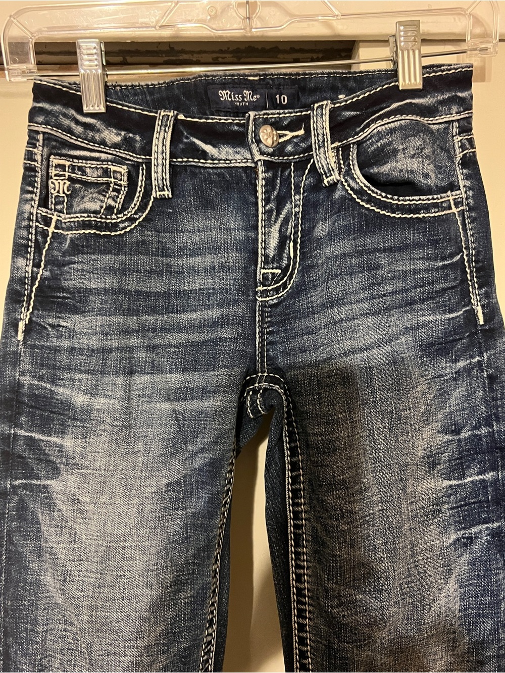 Miss Me Dark Blue Faded Girls' Jeans with White Contrast Stitching